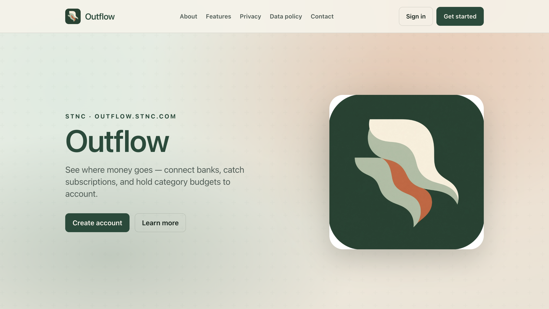 Outflow — expense manager landing page with the Outflow mark
